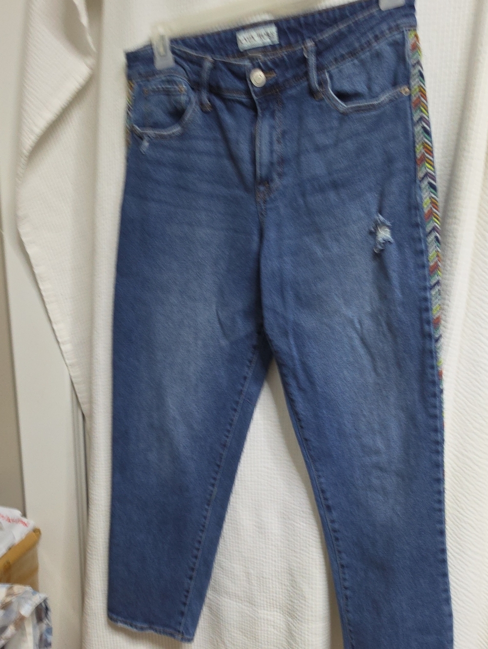 Knox Rose Blue Ankle Jeans with Multicolor Chevron Side Trim